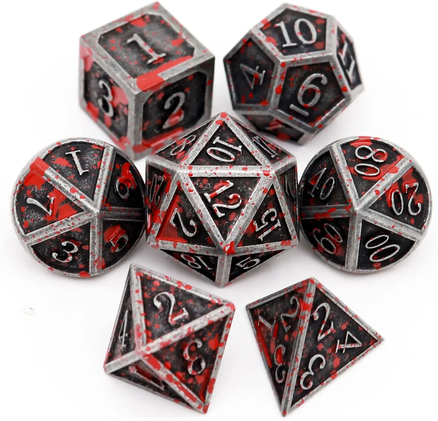 

Bloodstained Metal DND Dice Set with Leather Bag for Dungeons and Dragons TTRPG