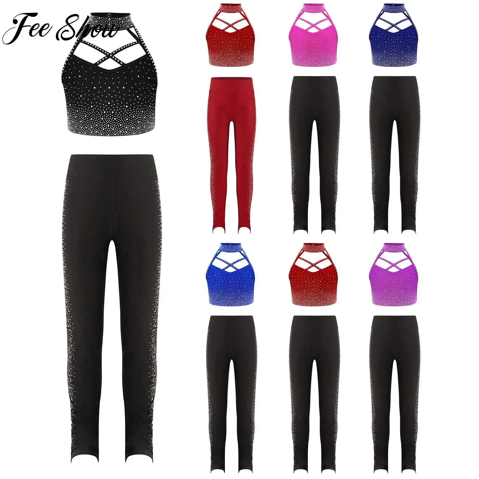 

Kids Girl Gymnastics Outfit Athletic Figure Skating Dance Performance Costume Halter Sleeveless Rhinestone Crop Top+Leggings Set