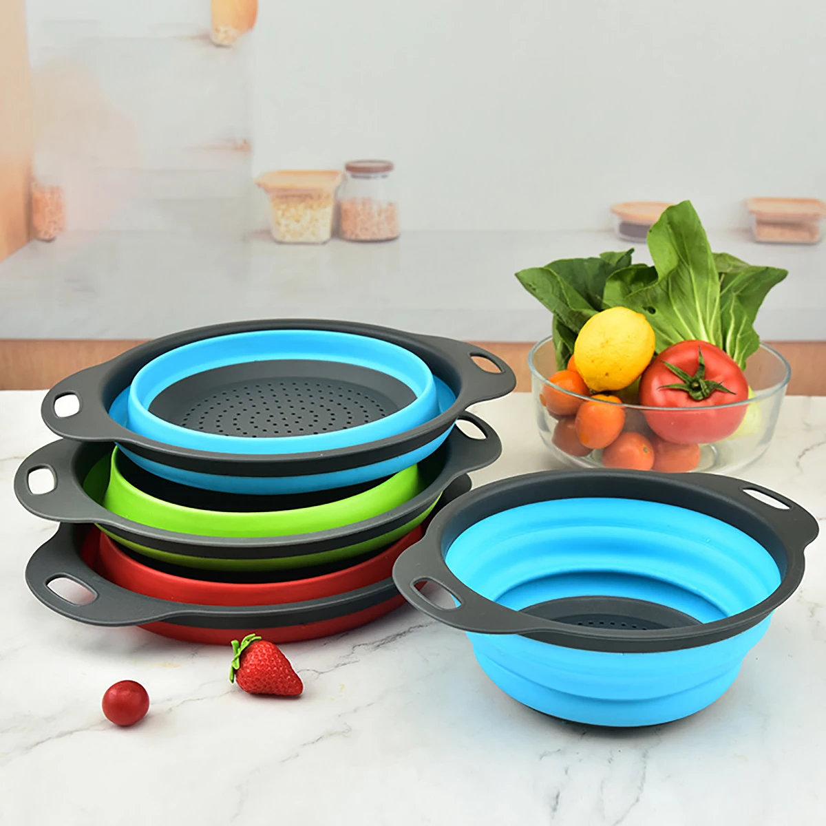 Silicone Foldable Fruit Vegetable Drainer Basket Basin Home And Kitchen Useful Things Convenience Utensils Product Innovations