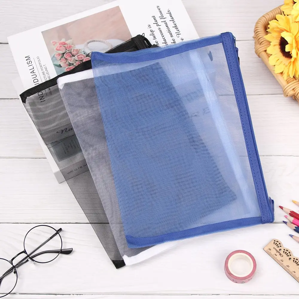 1Pc Nylon Mode Make-Up Handtassen Briefpapier Portemonnee Met Rits Etui Transparant Raster Cosmetische Opslag Mesh Pen Tas