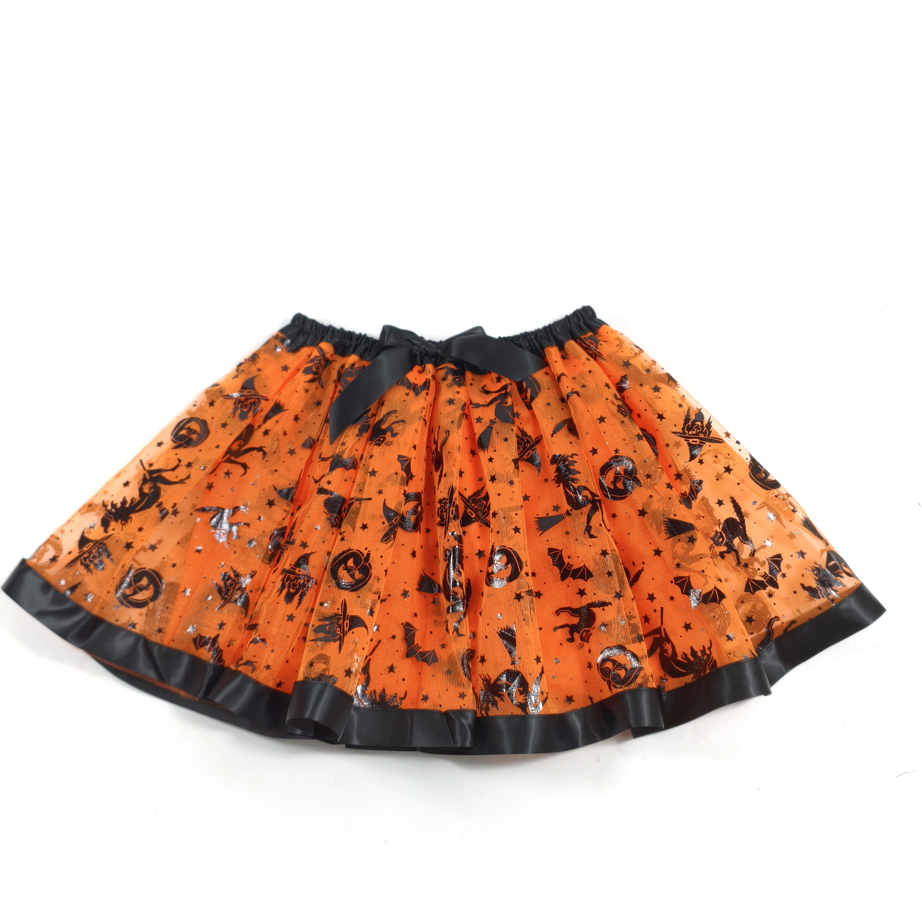 

Halloween Adults Tulle Skirt Adorned with bats pumpkins stars this orange tulle skirt has a black bow waist trim