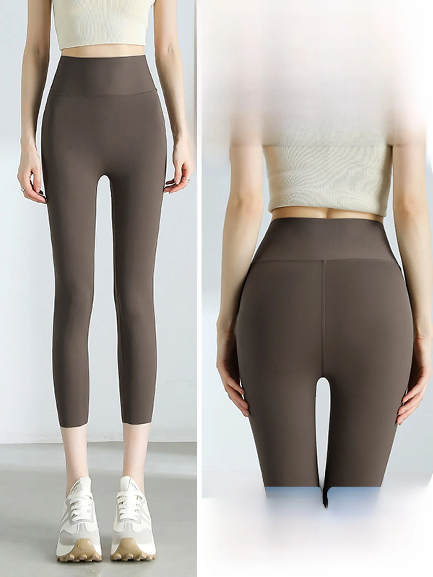 กางเกงโยคะเอวสูงผ้าไหมน้ำแข็งสีน้ำตาลสำหรับผู้หญิง ฤดูร้อน ทรงเข้ารูป ผ้าบาง ยกกระชับสะโพก ความยาวเจ็ดส่วน ชุดออกกำลังกาย