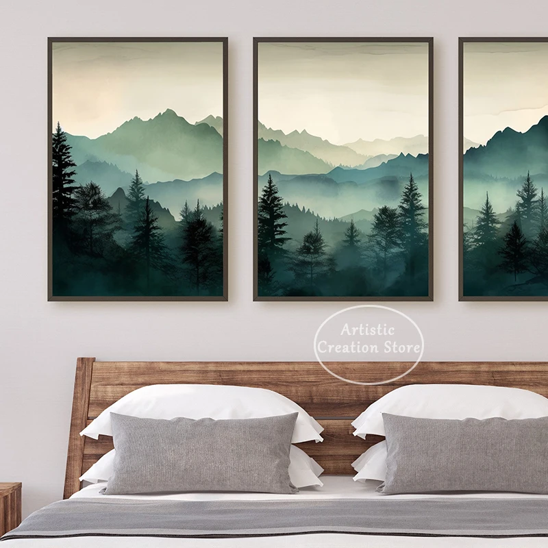 Sage Green Mountain Watercolor Mountain Landscape Abstract Nature Print Canvas Painting Nordic Forest Wall Art Minimal Decor