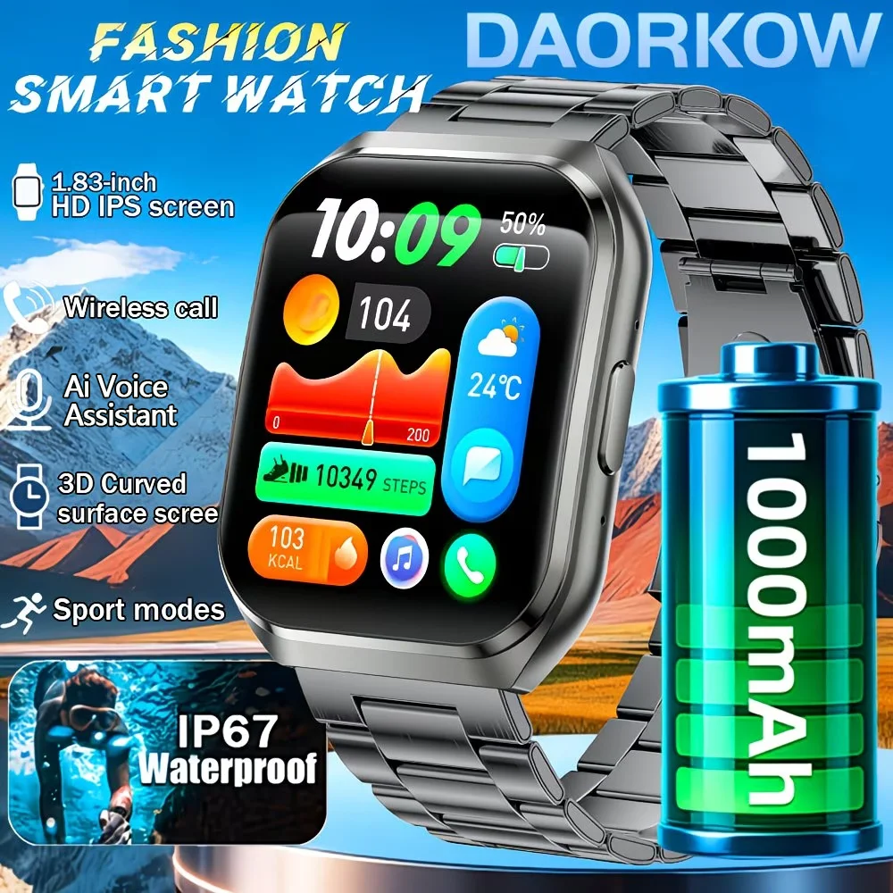 

Новые умные часы 2026 года для мужчин, военные, для активного отдыха, с AMOLED-экраном 1,83 дюйма, водонепроницаемые IP67, с супербольшой батареей 1000 мАч, беспроводные звонки, спортивные часы