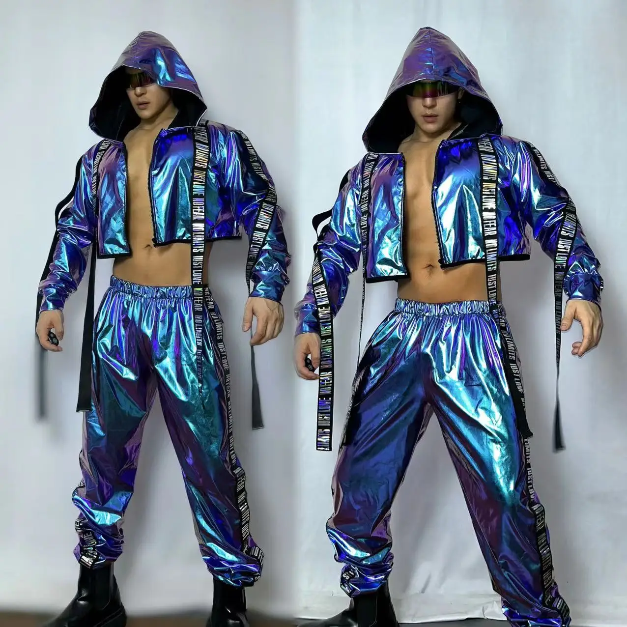 Male Team Jazz Hip Hop Dance Costume Punk Style Letter Bandage Laser Hooded Jacket Pants 2 Piece Set Nightclub Party Rave Outfit