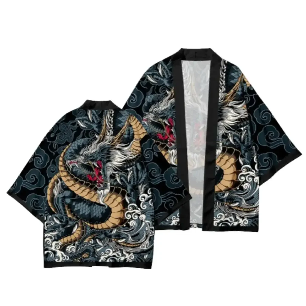 2026 Summer Snake Print Cardigan Men's Chinese Loong Pattern Asian Traditional Costume Role Play Coat Summer Casual Tops