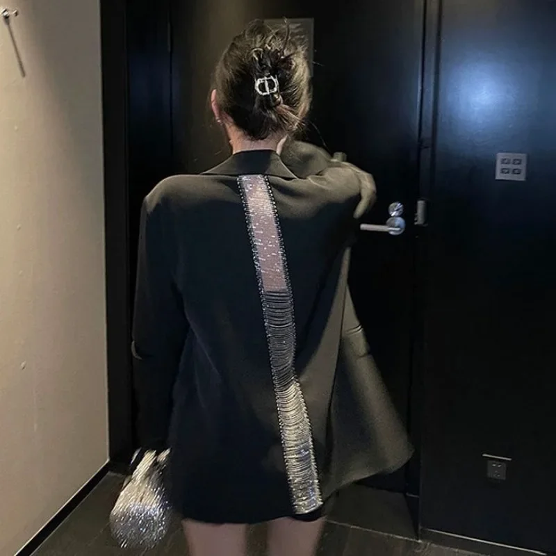 Premium Black Blazer for Women Spring Autumn New Arrival Sexy Backless Chain Accent Oversized Single Button Chic Feminine Design