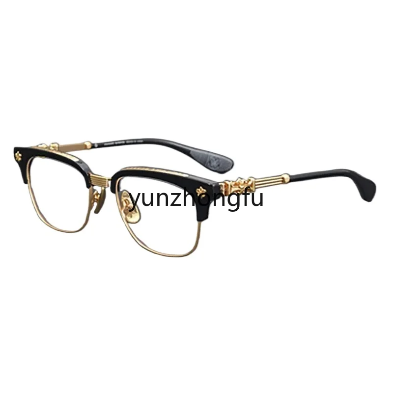 2023 High-End Handmade Carved Eyewear Pure Titanium Medium Gold Glasses Luxury Italian Acetate Half Frame Myopia Glasses