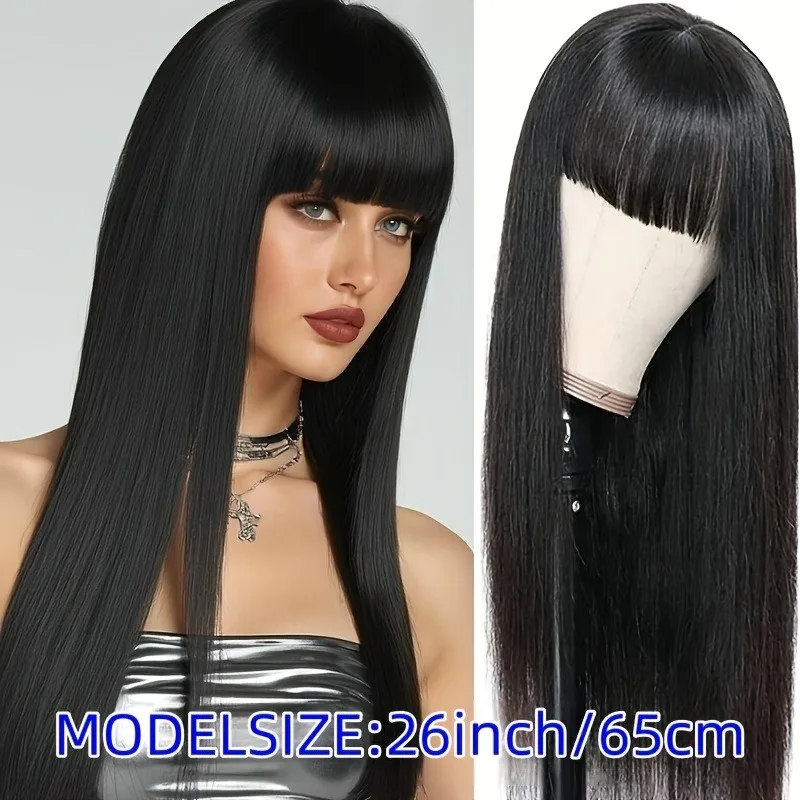 26 Inch Black Straight Synthetic Wig with Bangs, High Density - Natural Looking, Great for Women, Perfect for Daily Wear, Music image 5