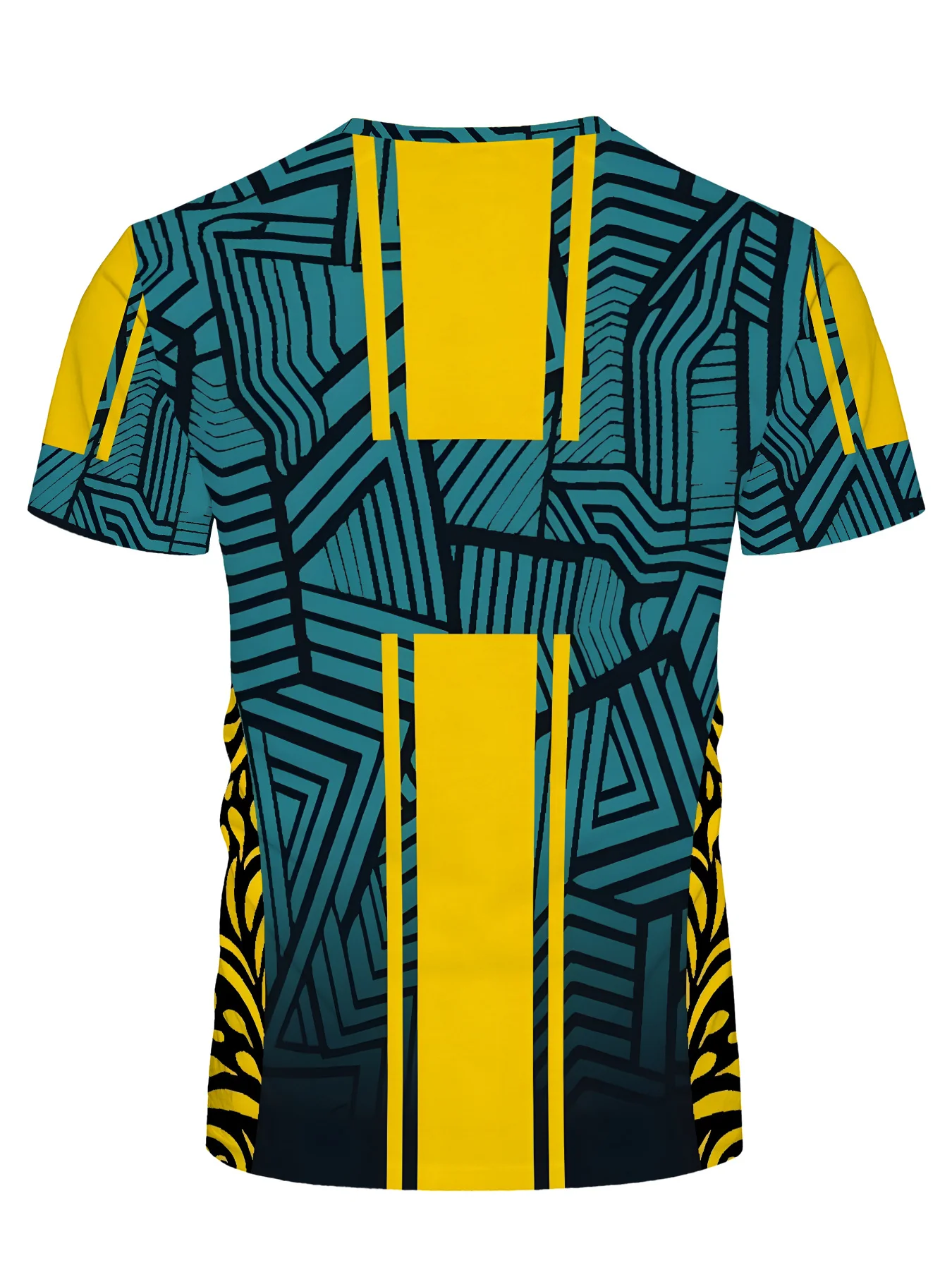 Men Sports Short Sleeve T-shirt High Elastic Quick Dry Teal Yellow Geometric Line Print Breathable Training Top
