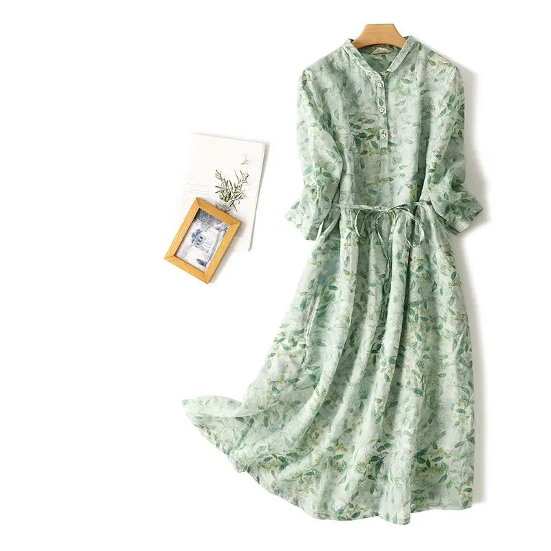 Early Autumn New Women's Long Sve Cotton Linen Floral Print Waist Cinched Dr with Belt Commute Sle Midi Skirt Dr