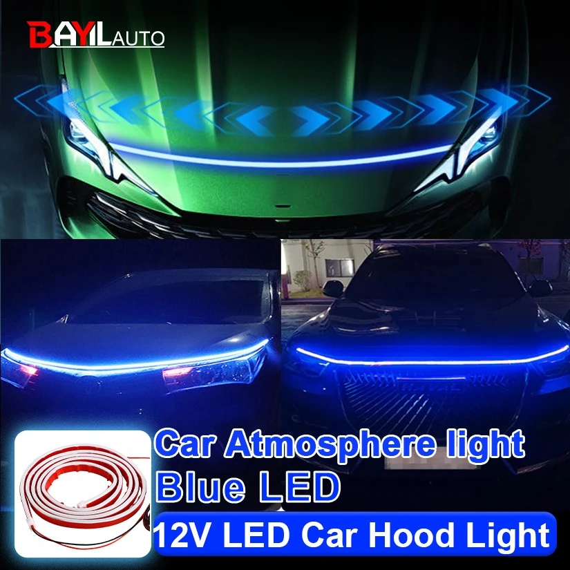 

12 В синяя полоса света на капоте автомобиля, светодиодная декоративная лампа Scan Starting, гибкая дневная ходовая лампа, полосы автомобильных фар, автомобильные аксессуары