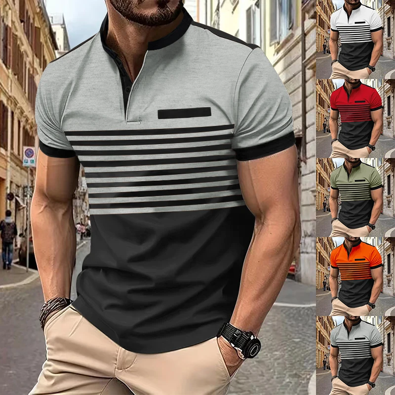 Cross-border Amazon Polo shirt Zipper casual men's printed striped loose short sleeve polo shirt