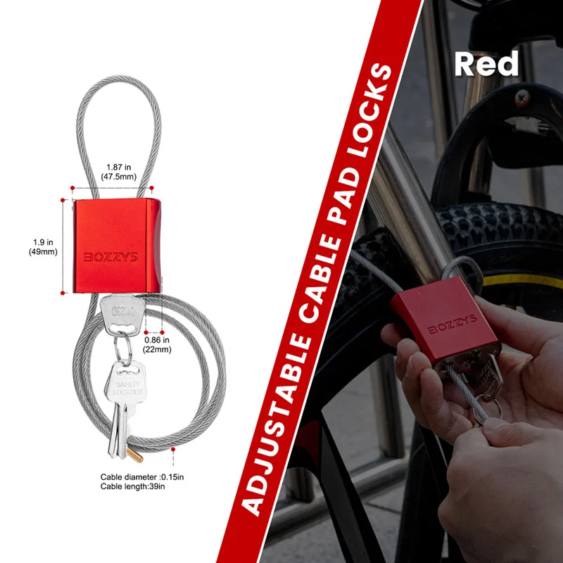 BOZZYS 4mm Adjustable Cable Lockout Padlock with 3 keys LOTO Locks Bike, Locker, Gate, Toolbox Lock out Safety