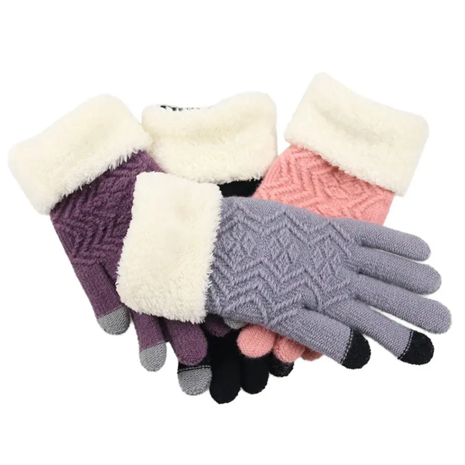 Women's Cable Knit Winter Gloves - Stylish 3 Fingers Touchscreen Gloves in Solid Color for Fashionable Warmth