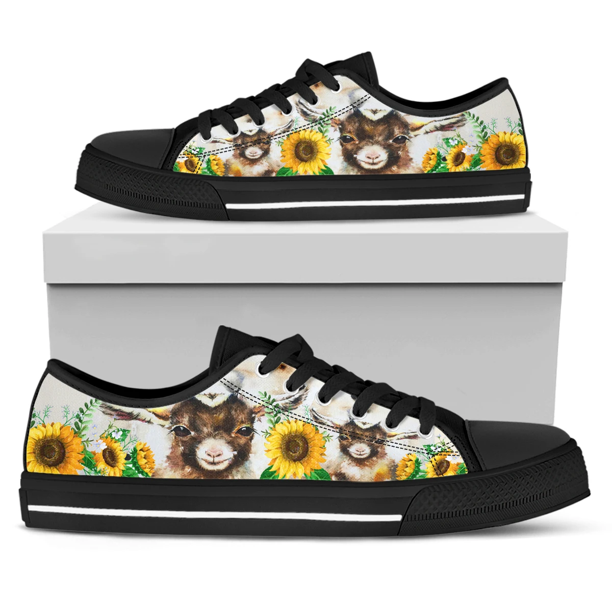 ELVISWORDS Cute Little Lamb Pattern Sunflower Print Low Top Women Vulcanized Shoes Comfortable Outdoor Walking Shoes Zapatos