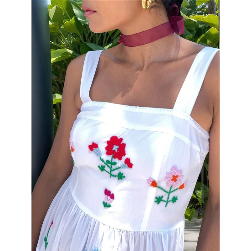 CGS-Vestito lungo ricamato da donna senza maniche smock fluido prendisole Boho Abiti lunghi estivi Vocazione sulla spiaggia