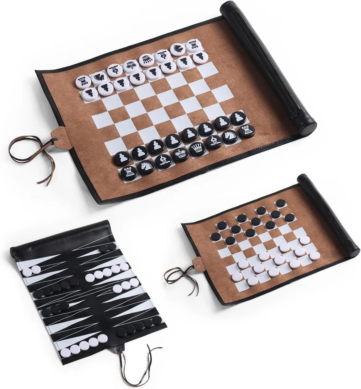 

3 in 1 Backgammon Chess Checkers Set, Roll up Travel Game Set for Adults and Kids, Black & Brown(3 in 1 Set)