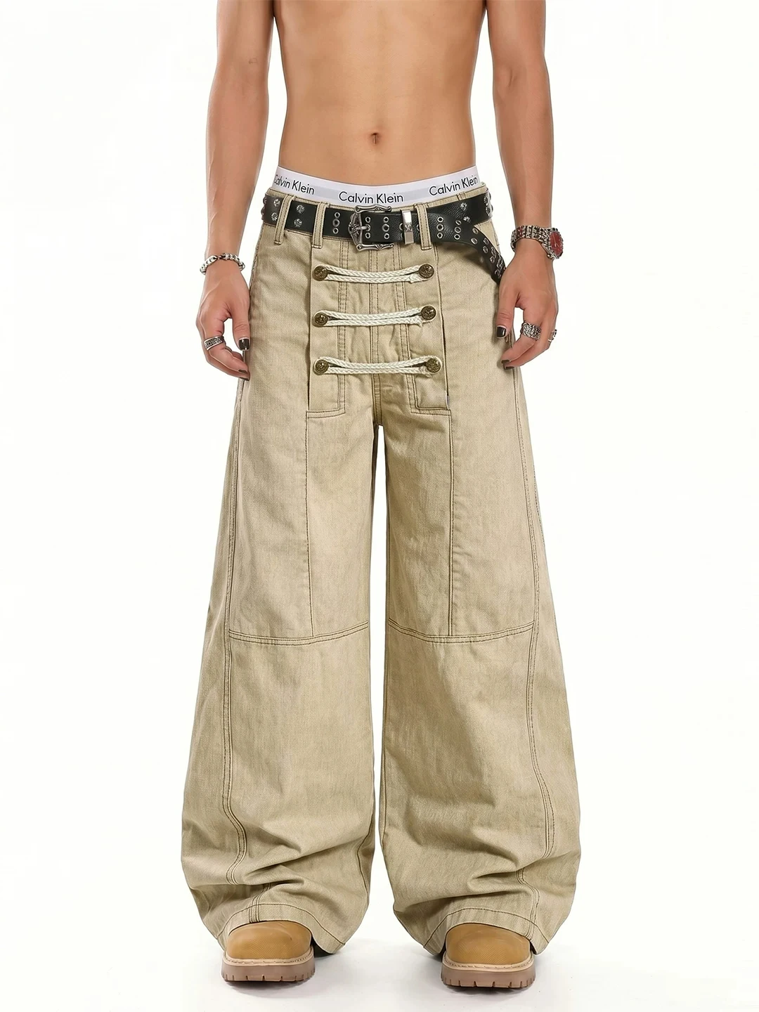 Calças Jeans Unissex de Perna Larga Estilo Retrô Americano com Botões Duplos Desestruturados para Homens e Mulheres - Moda Ur...
