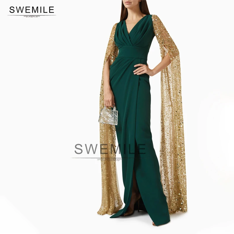 

SWEMILE Eightale Sparkly Evening dresses V-Neck Long Sleeves Satin Mermaid Customized Arabic Prom Party Gown Wedding