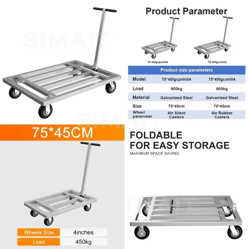 75×45cm 900kg Folding Platform Trolley, Welded Square Steel Tube Flatbed Pushcart, Metal Transport Hand Cart