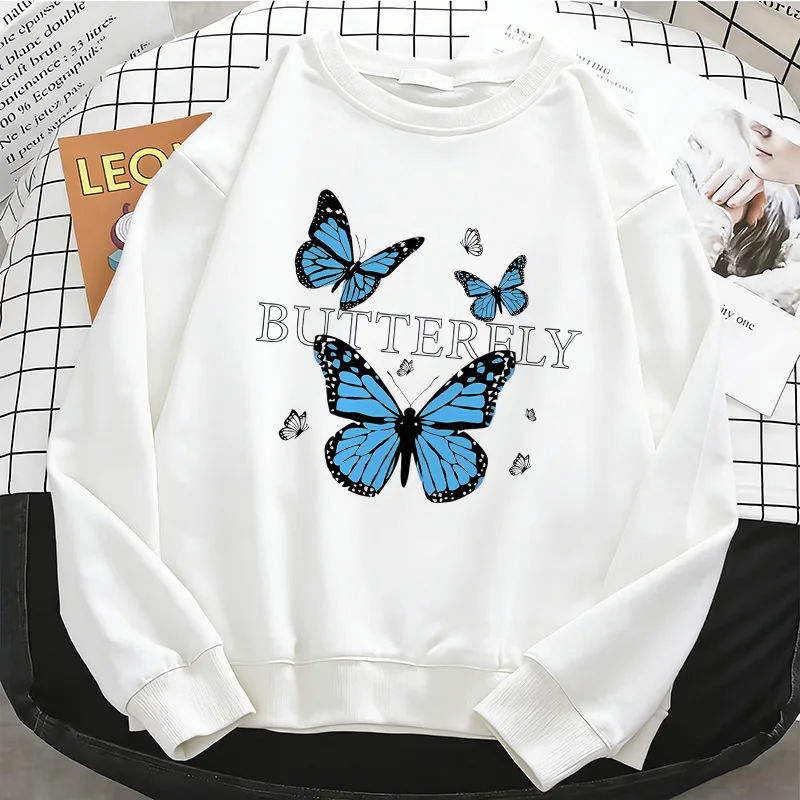 

Женские однотонные толстовки с графическим ретро-дизайном бабочки, базовые теплые флисовые свитшоты, мягкие пуловеры с круглым вырезом, повседневная женская одежда