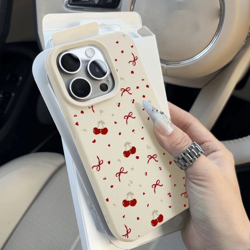 Red Cherry Bow Phone Case For iPhone 16 Pro Case iPhone 13 11 12 15 14 Pro Max 16 Plus Shockproof Soft Cover Candy Leather Funda