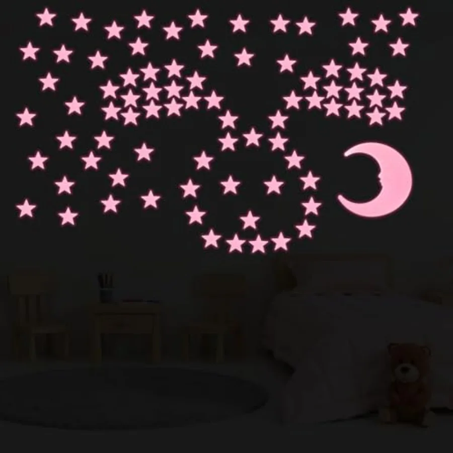 Glow in the Dark Stars for Room Decor, Plastic Luminous Fluorescent, Pink, 100 Stars 1 Moon with Adhesive Pads, 3D Ceiling Wall