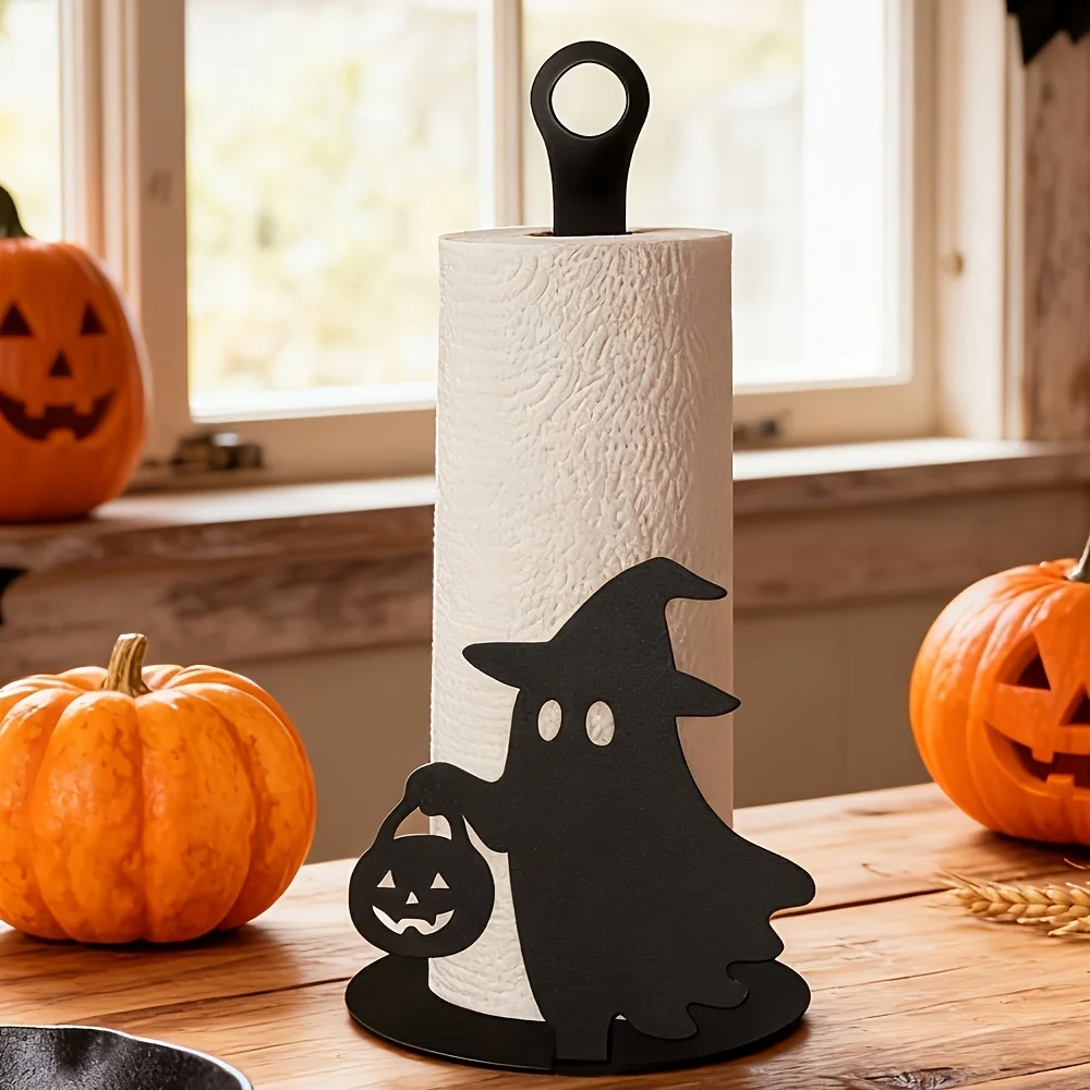 2/1 Piece Set 2D Flat Halloween Ghost and Pumpkin Freestanding Kitchen Paper Towel Holder, Black Plastic Roll Paper Holder, Countertop Paper Towel Dispenser, Suitable for Kitchen, Practical Gift for Mom, Halloween and