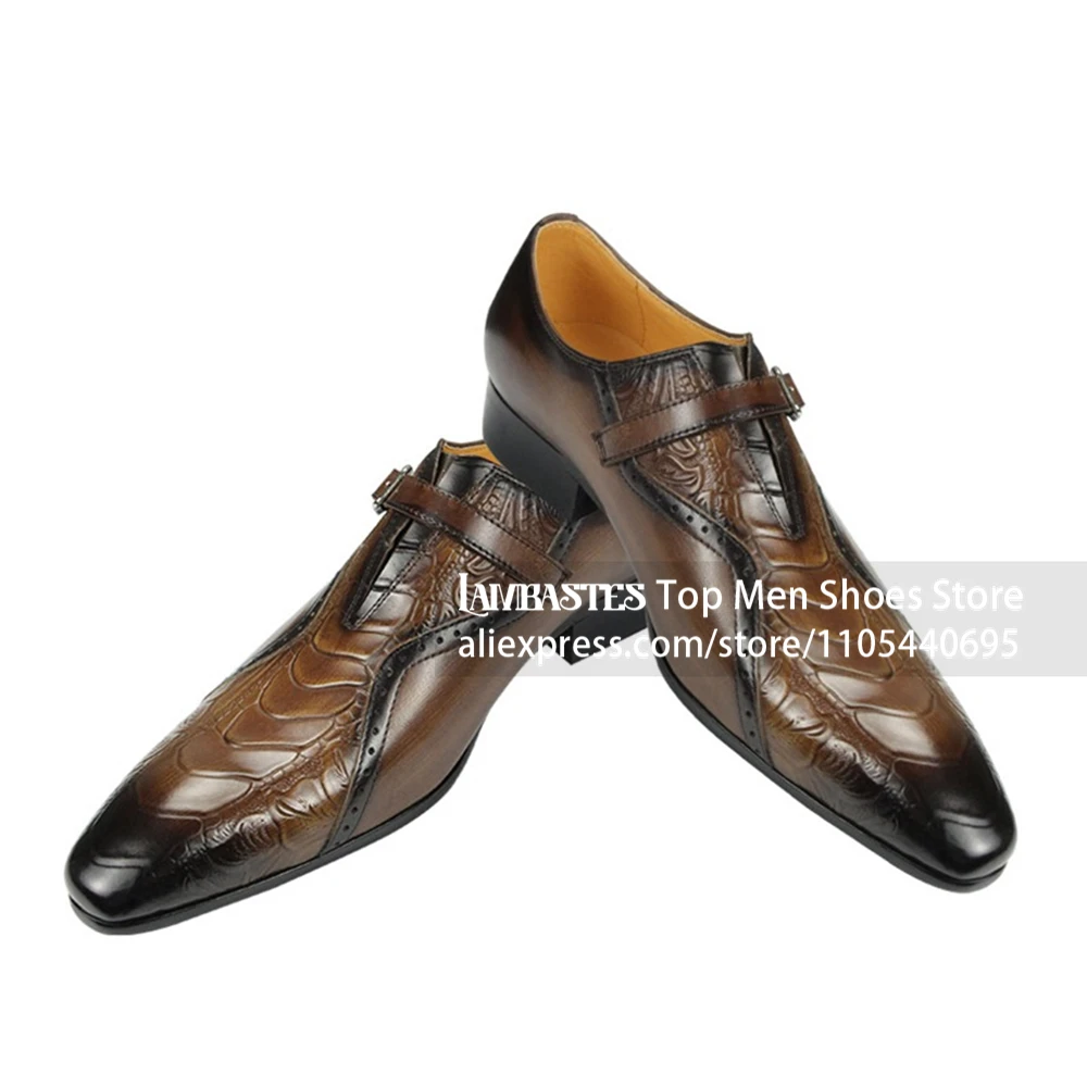 Brown Embossed Monk Strap Dress Shoes Hand Carved Burnished Leather Shoes Vintage British Style Pointed Toe Formal Leather Shoes