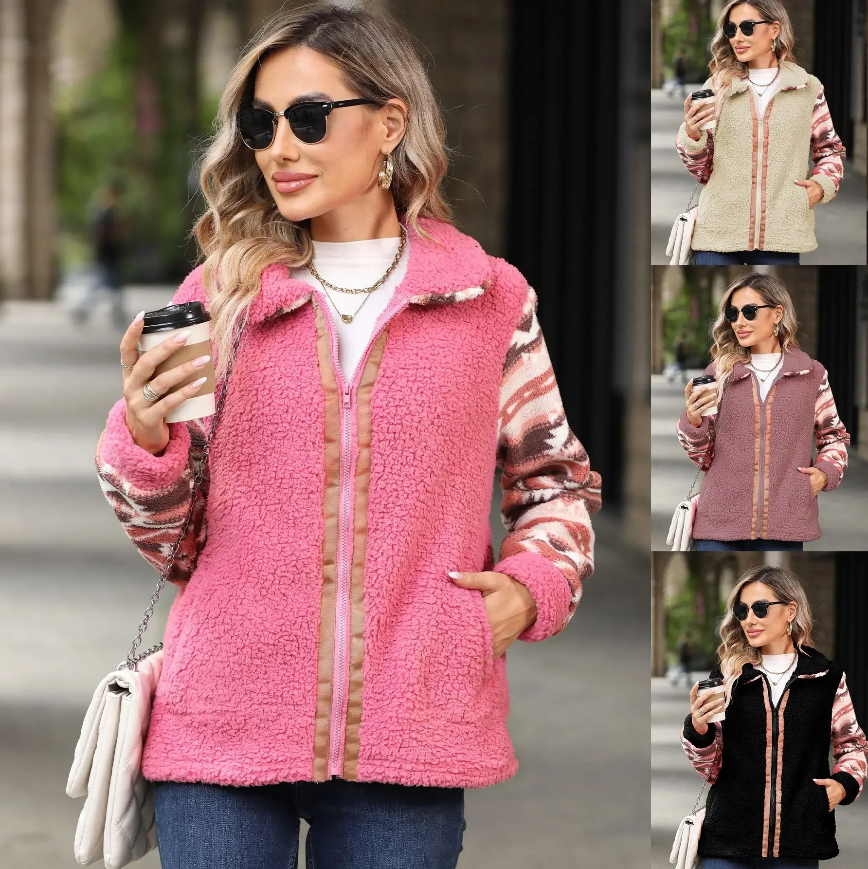 

National Style Women Coats Streetwear Long-sleeved Lapel Cardigan Fleece Coat Thick Warm Top Both Sides Faux Lamb Fleece Jacket