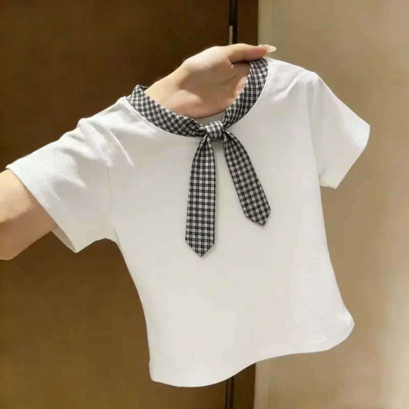 Girls Summer T-shirt New Fashion Kids Toddler Korean Style Fake Two-Piece Shawl Top Versatile Casual Clothing