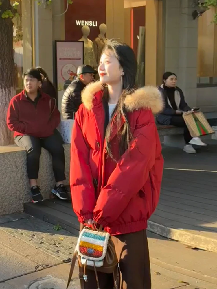 

Красное зимнее пальто с вельветовым воротником для мужчин и женщин, утепленная хлопковая куртка с капюшоном, парная модель на пуговицах, повседневная верхняя одежда