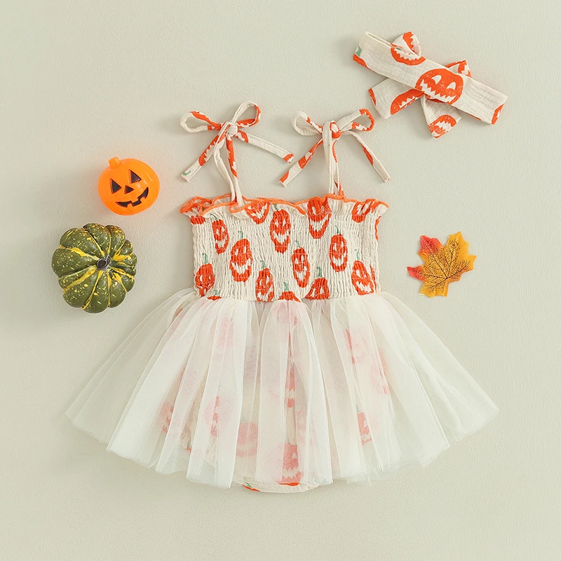 Toddler Infant Baby's Clother Girls Halloween Kids Romper Dress Pumpkin Pattern Sleeveless Tie-up Tulle Jumpsuit Bow Headband