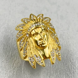 Indian Chief Rings with rhinestone For Men 316L Stainless Steel Biker Men's Ring Huge Punk Hip Hop Ring Fashion Jewelry Gift