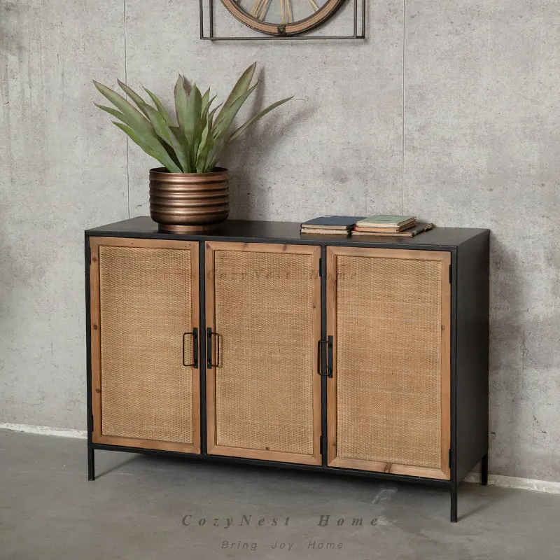 Wrought iron dining side cabinet foyer living room storage cabinet natural rattan creative storage cabinet three doors