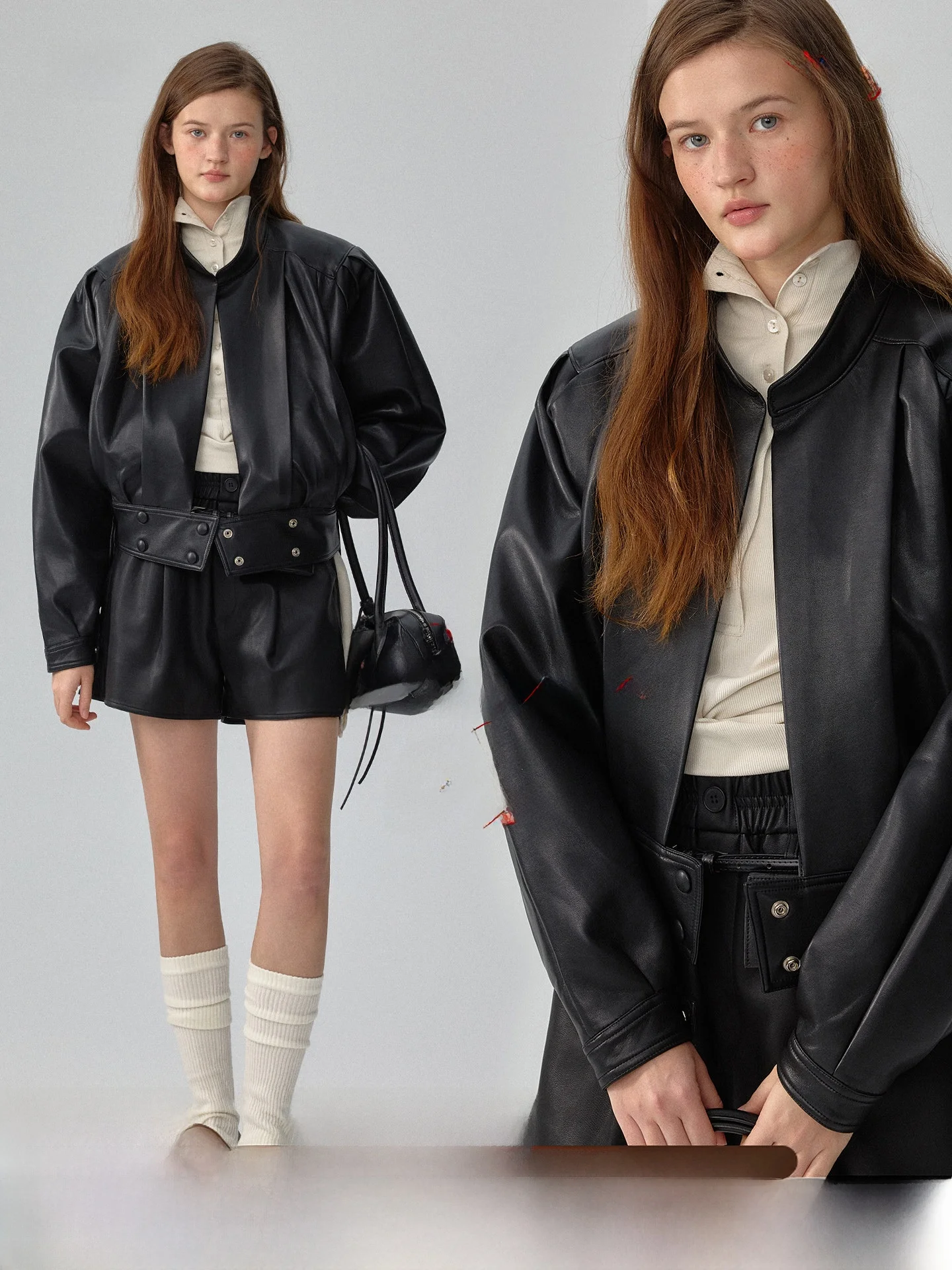 

Bla PU Leather Jaet Design Sensation Spring Waist Cinched Pleated Stand Collar Coat plus Women's Faion Coat