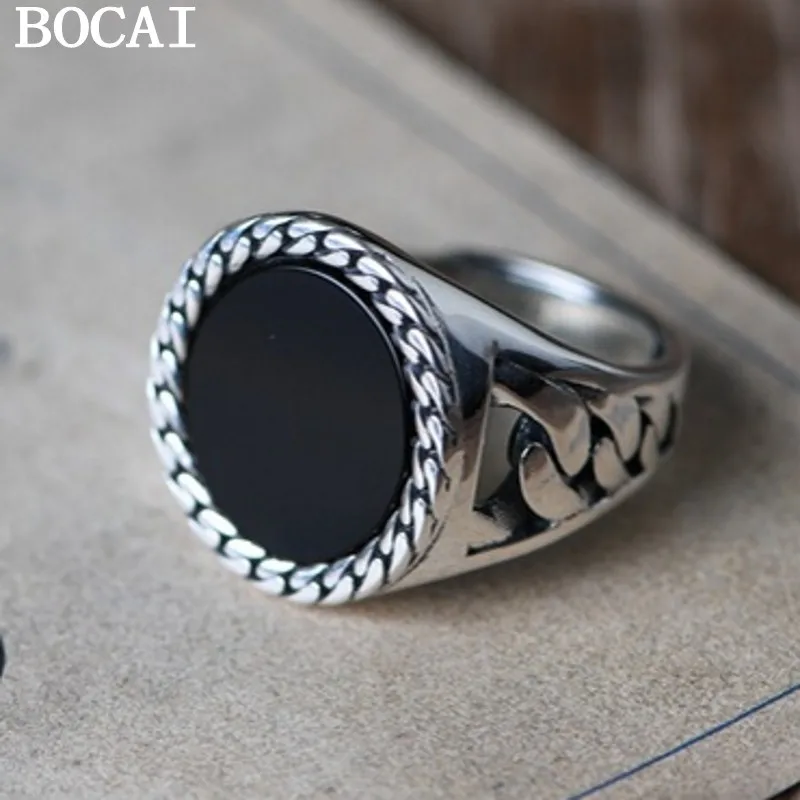 

BOCAI New 100% Solid S925 Silver Lotus Pattern Inlaid with Black Agate Fashionable Man Ring with Personality