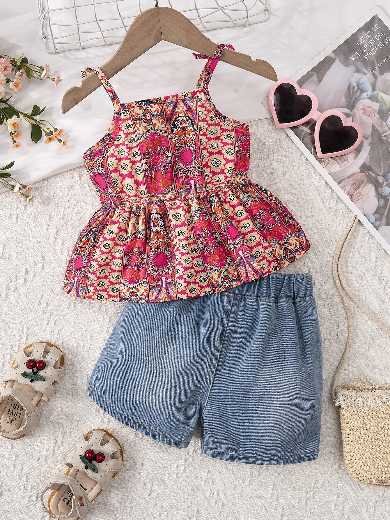 2PCS Summer Girls Set With Hanging Strap Element Pattern Fluffy Top Casual Denim Shorts Fashionable Infant and Child