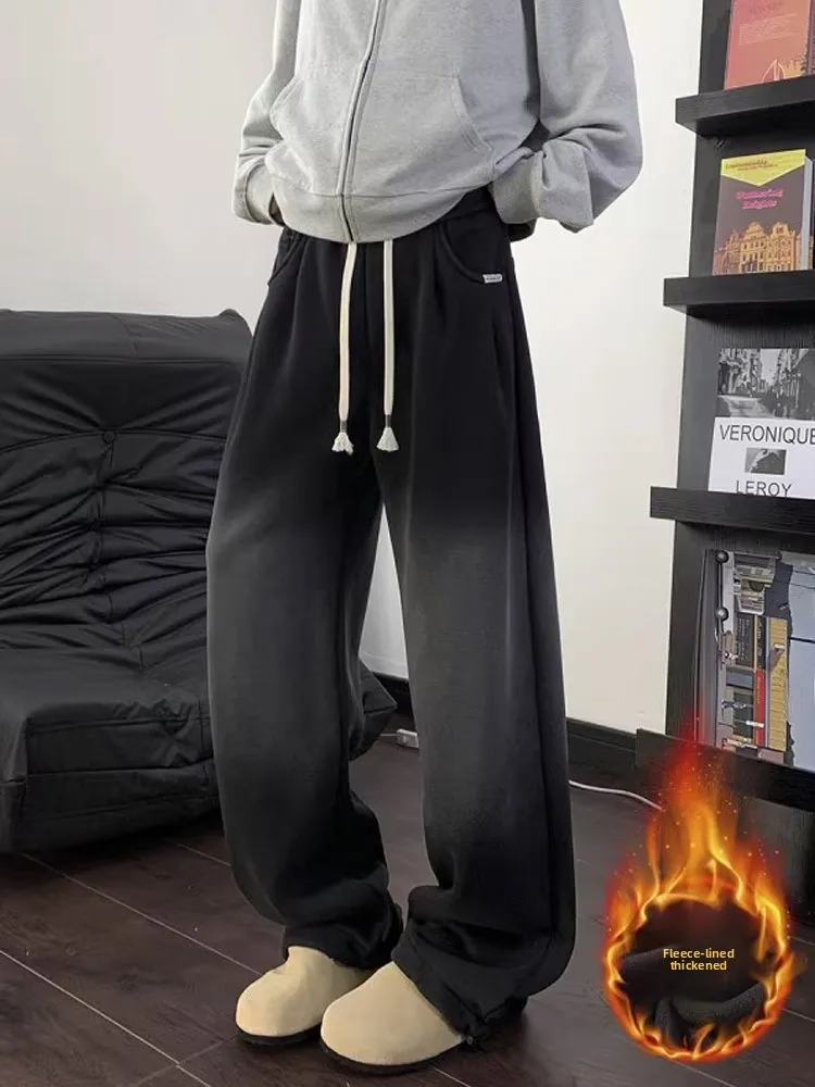 American Sle Thiened Waed Bend Knife Men's Winter Fce Lined Pants Cleanfit Loose Wide Leg Sports Trousers