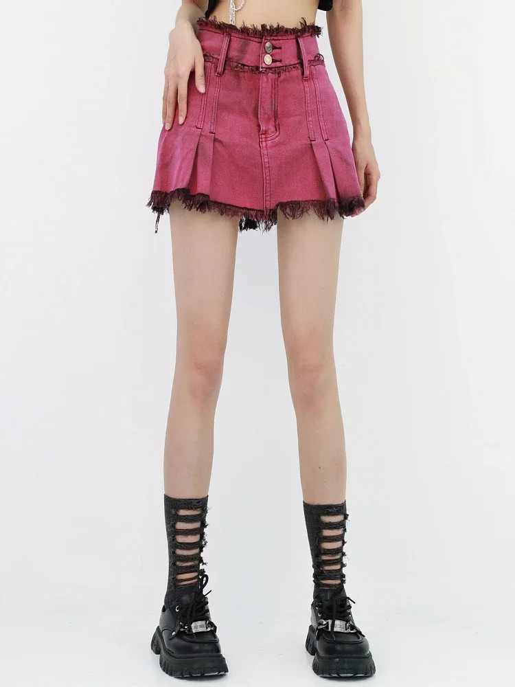 

European Hot Girls Pink Mini Skirt Women's Summer 2022 New Design Tassel Edge High Waist A-line Cute Sexy Denim Skirt