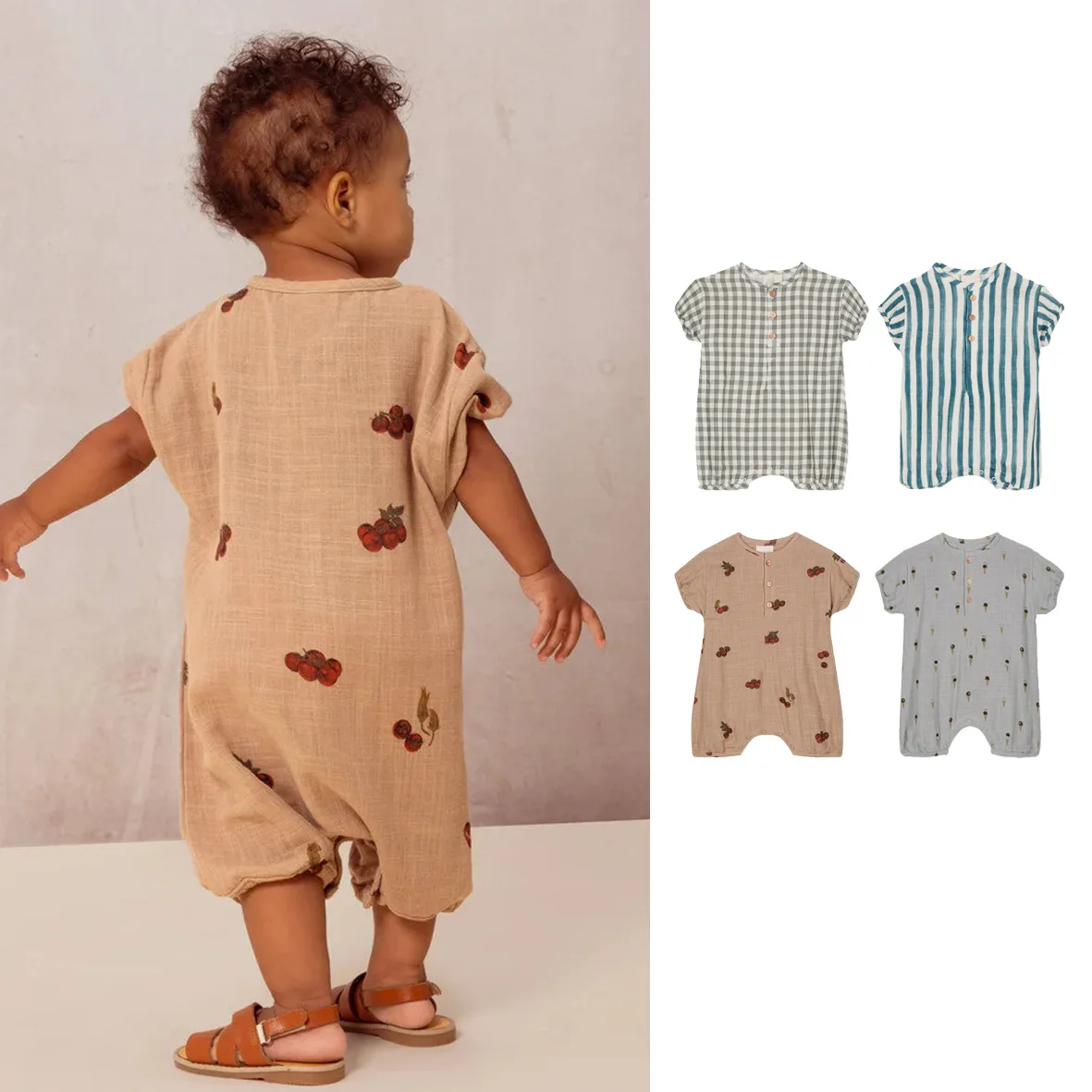 

2025 new men's and women's baby thin casual pure cotton printed Comfortable 100 cotton baby summer short sleeved crawling suit