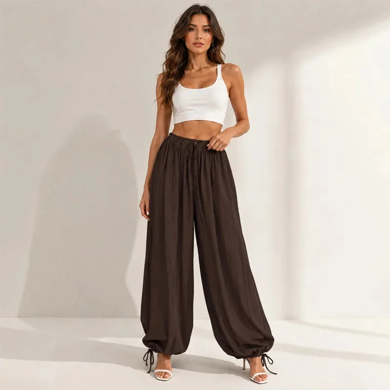 Women's Viscose Harem Pants High Waist Drawstring Loose Balloon Trousers Elastic Cuff Autumn Casual Boho Streetwear Brown Blue