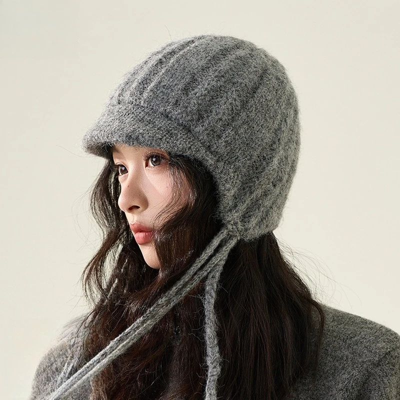 Korean Niche Knitted Hat Girls Personality Fashion Show Face Small Flow Speed Duck Tongue Wool Hat Ear Bag Thickened Flying Hat