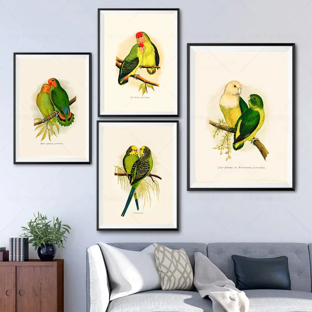 Colorful Watercolor Parrots Love Bird Flowers Poster Canvas Painting Aniaml Prints Wall Art Picture for Living Room Home Decor