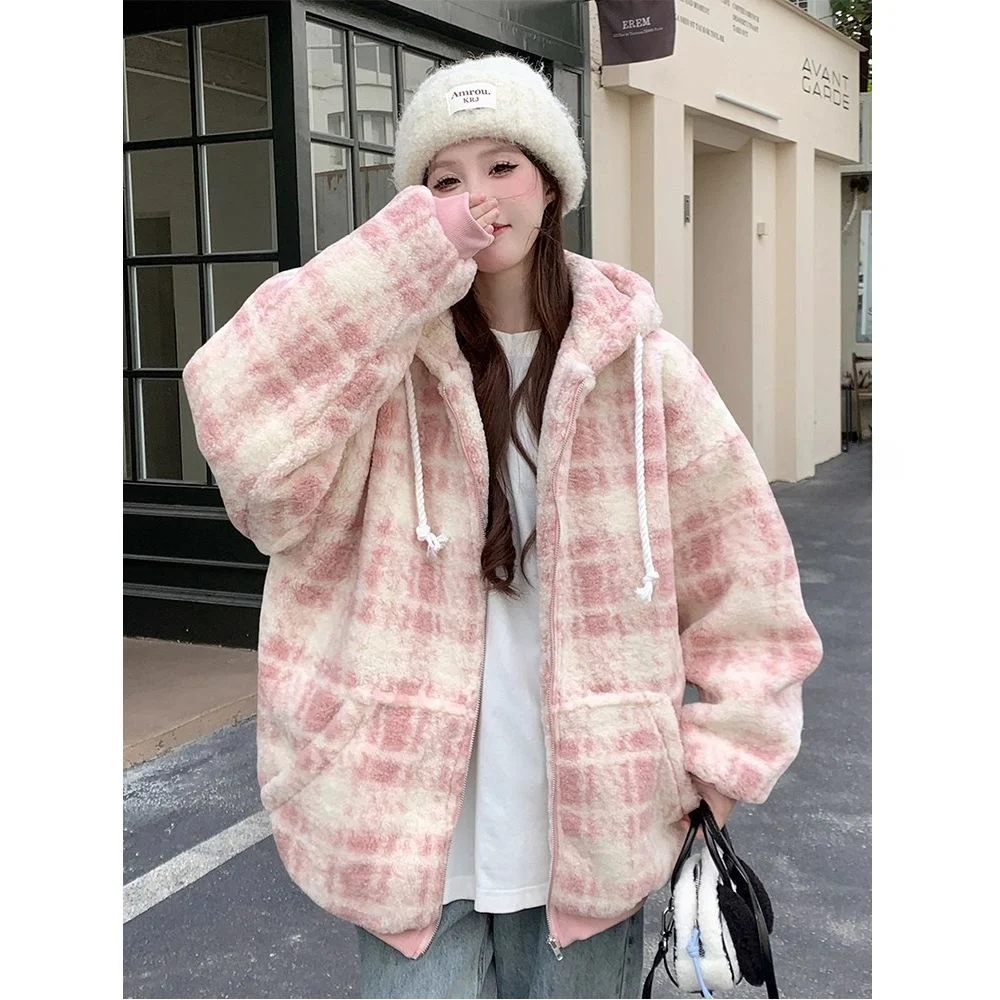 

Pink Lamb Fur Hooded Cotton Jaet Women's Thiened Autumn Winter Korean Sle Cheered Baseball Coat Street Sle Long Sve