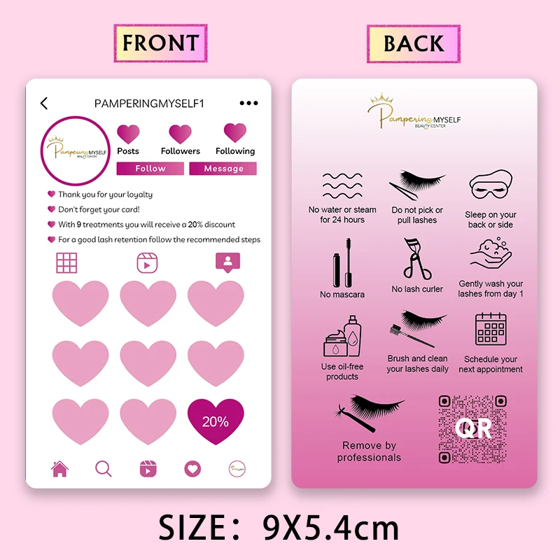 Custom Lash Extensions Loyalty Cards Instruction cards Aftercare Card Design Eyelashes Discount Code Thank you business cards