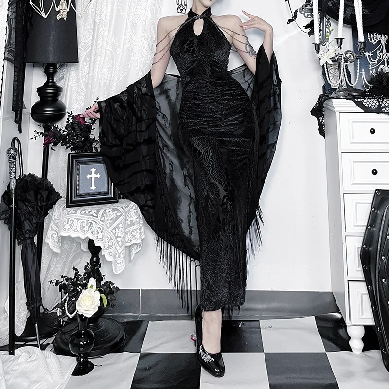 ชุดกี่เพ้าจีนแบบใหม่ เอวสูง ผ่าข้าง ยาว สำหรับผู้หญิง แต่งโซ่ ชุดกี่เพ้าสไตล์โกธิค วินเทจ สำหรับฮาโลวีน