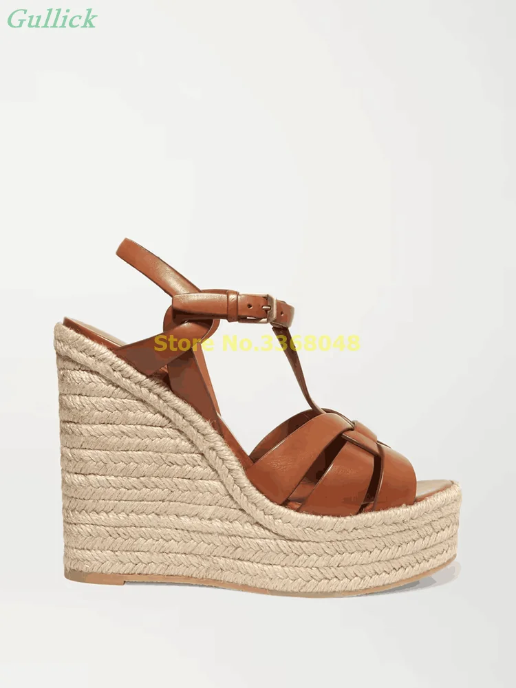 Woven Leather Espadrille Wedge Sandals Platform Open Toe Strappy Fashion Women Shoes Black Brown Summer Sandals