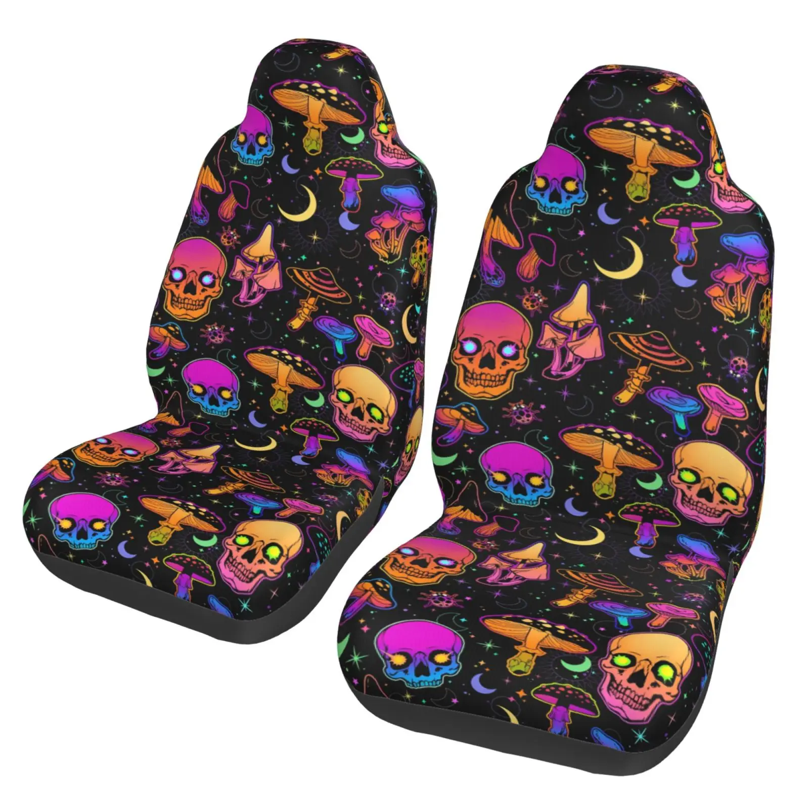 Psychedelic Mushroom Skull Pattern Car Seat Covers Set 2 Pcs Elastic Auto Interior Car Accessories Protectors Non-Slip Auto Cove